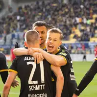 Siegesjubel nach einem Tor der Fußballmannschaft Alemannia Aachen