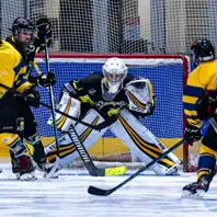Torhüter der Eishockeymannschaft Aachener Grizzleys ist hoch konzentriert und erwartet einen Torschuss von ECBL2